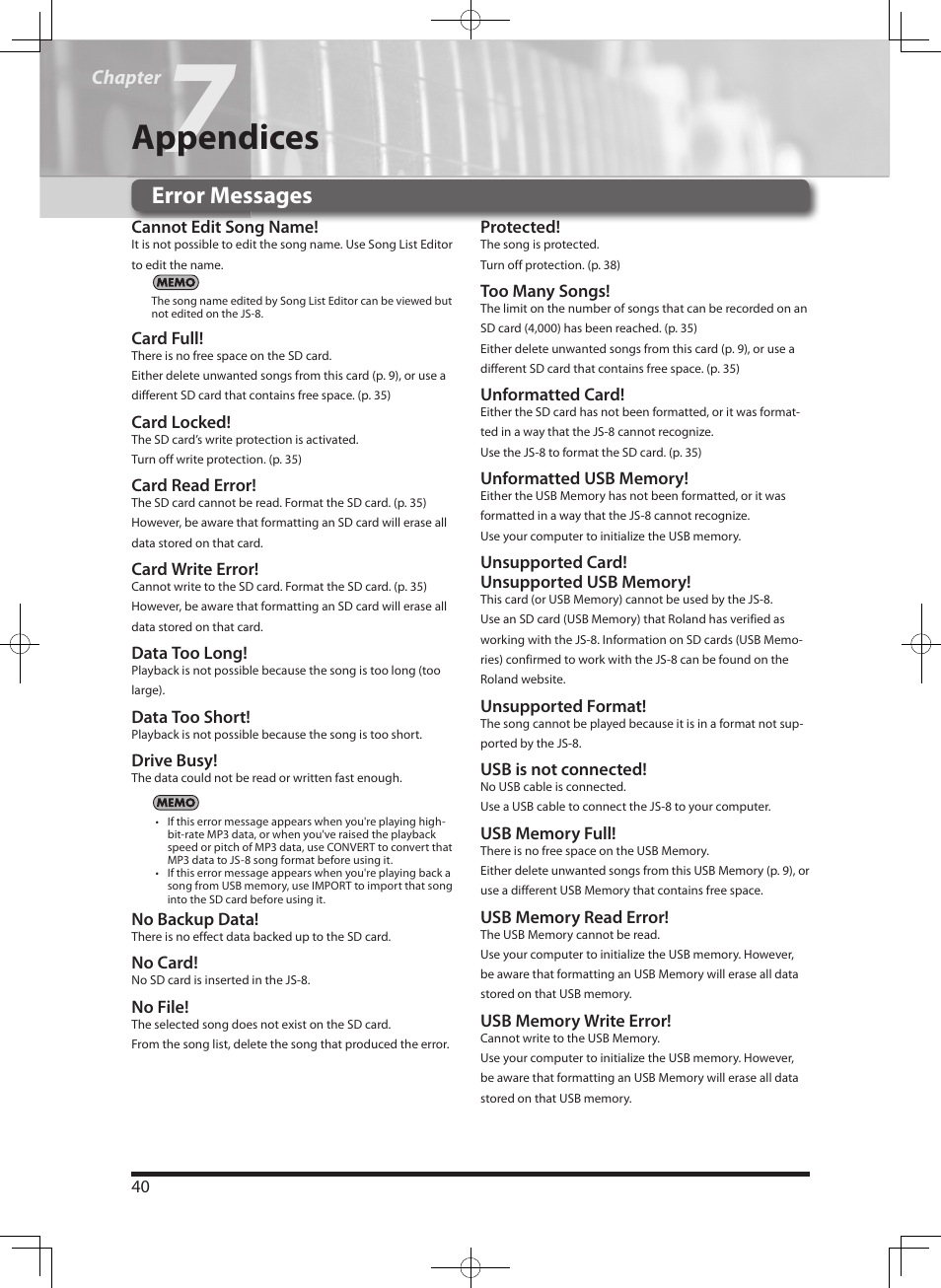 Appendices, Error messages | Roland eBand JS-8 User Manual | Page 42 / 47