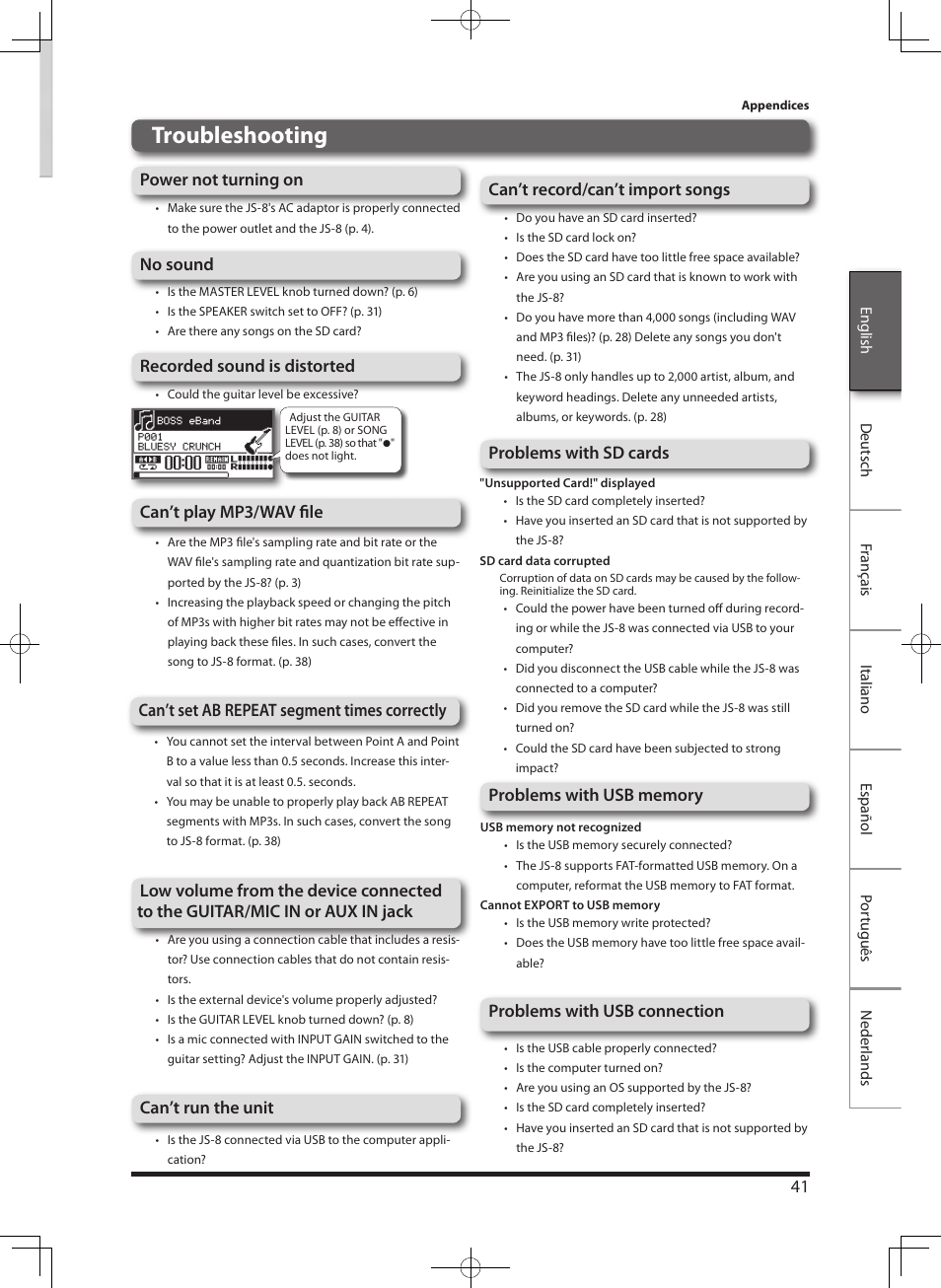 Troubleshooting | Roland eBand JS-8 User Manual | Page 43 / 47