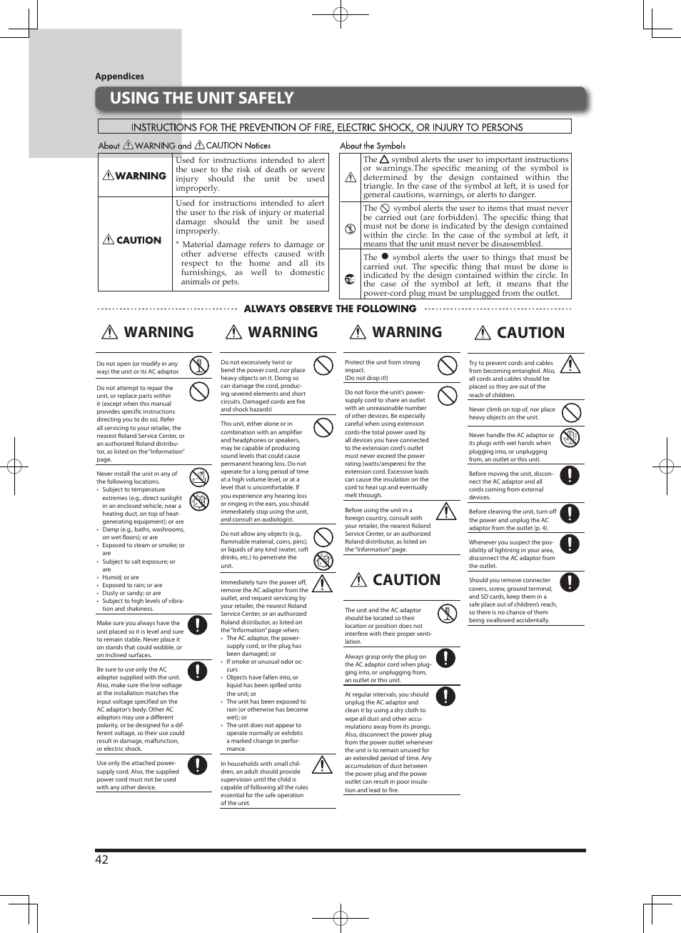 Using the unit safely, Caution, Warning | Roland eBand JS-8 User Manual | Page 44 / 47