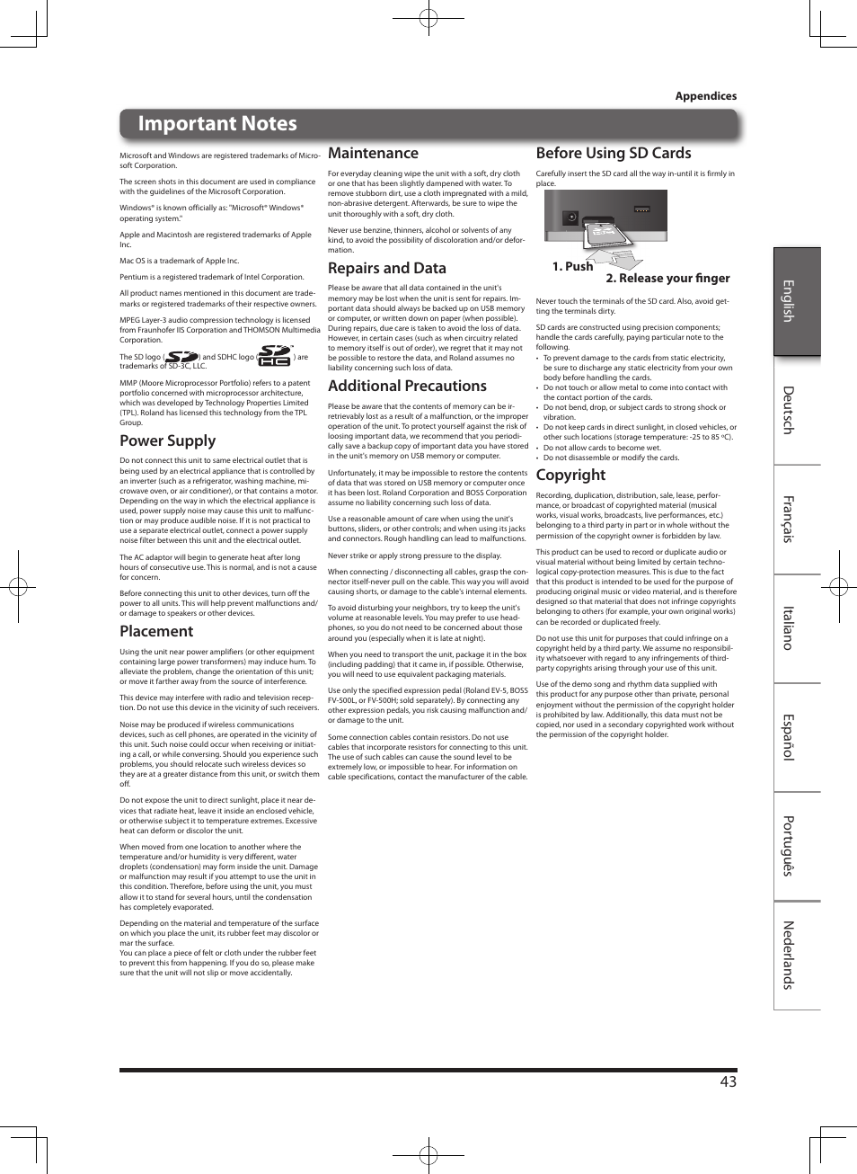 Power supply, Placement, Maintenance | Repairs and data, Additional precautions, Before using sd cards, Copyright, Push 2. release your finger | Roland eBand JS-8 User Manual | Page 45 / 47