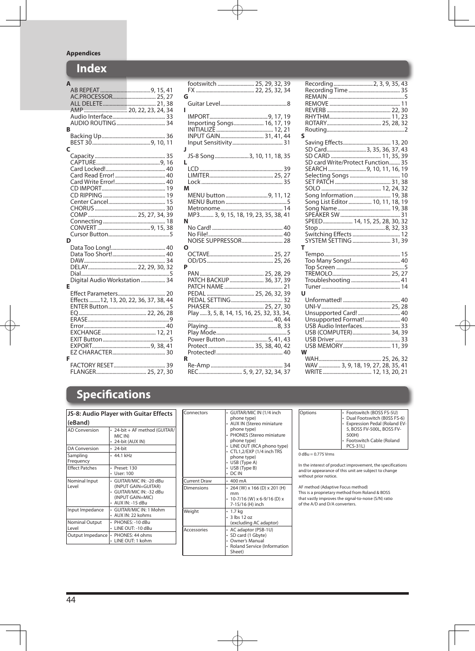 Index, Specifi cations | Roland eBand JS-8 User Manual | Page 46 / 47