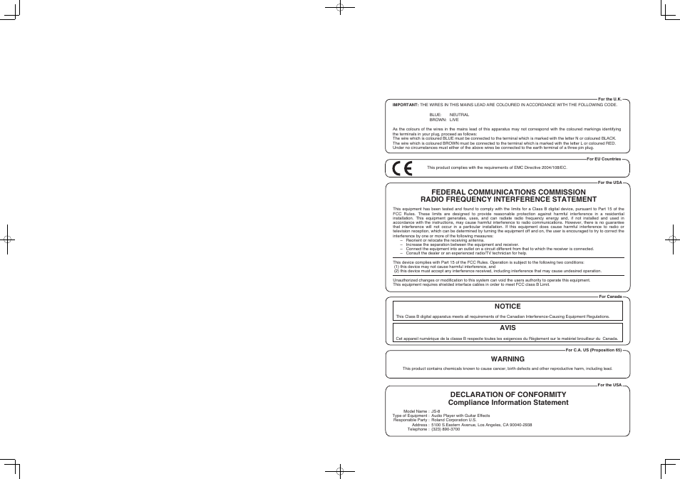 Notice avis, Warning | Roland eBand JS-8 User Manual | Page 47 / 47