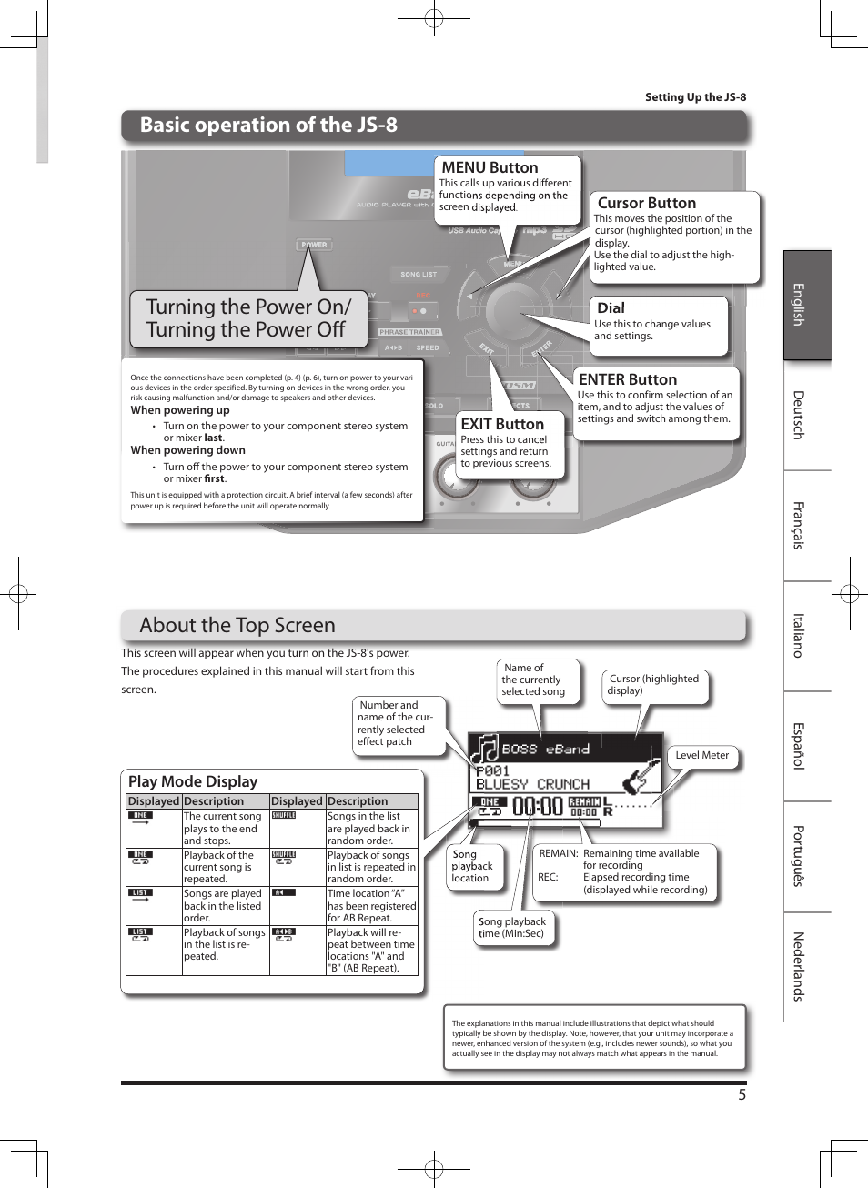 Basic operation of the js-8 about the top screen, Turning the power on/ turning the power off, Play mode display | Exit button, Menu button, Enter button, Dial, Cursor button | Roland eBand JS-8 User Manual | Page 7 / 47