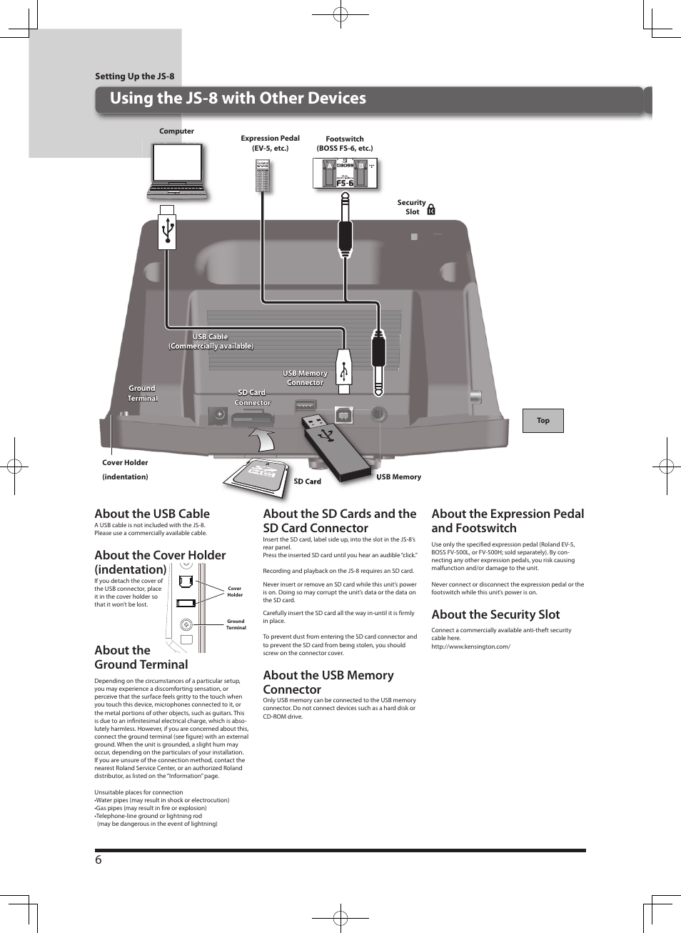 Using the js-8 with other devices, About the usb cable, About the cover holder (indentation) | About the ground terminal, About the sd cards and the sd card connector, About the expression pedal and footswitch, About the security slot | Roland eBand JS-8 User Manual | Page 8 / 47