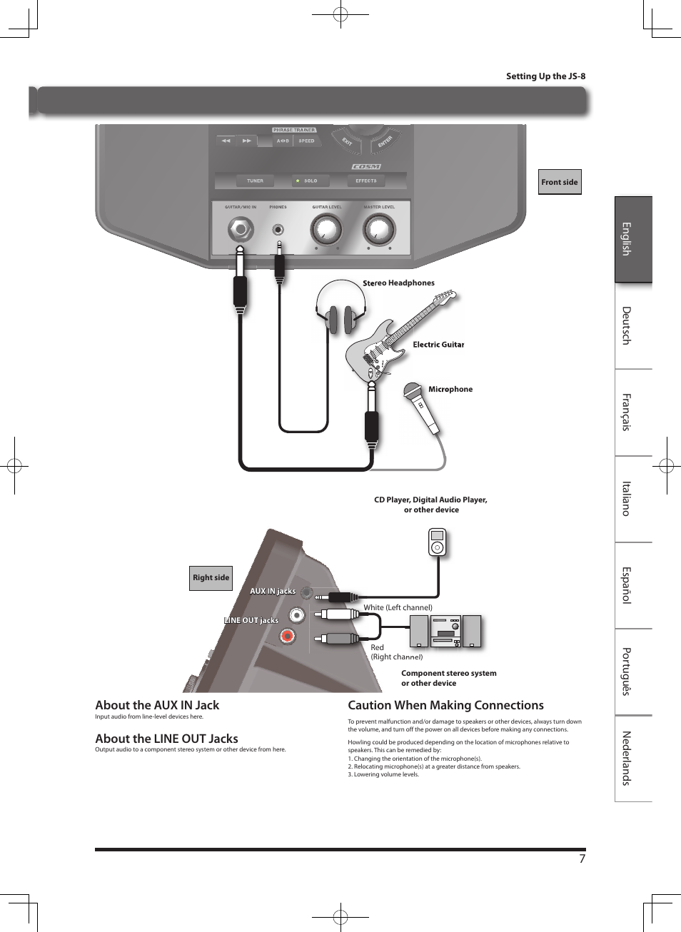 Using the js-8 with other devices, About the aux in jack, About the line out jacks | Caution when making connections | Roland eBand JS-8 User Manual | Page 9 / 47