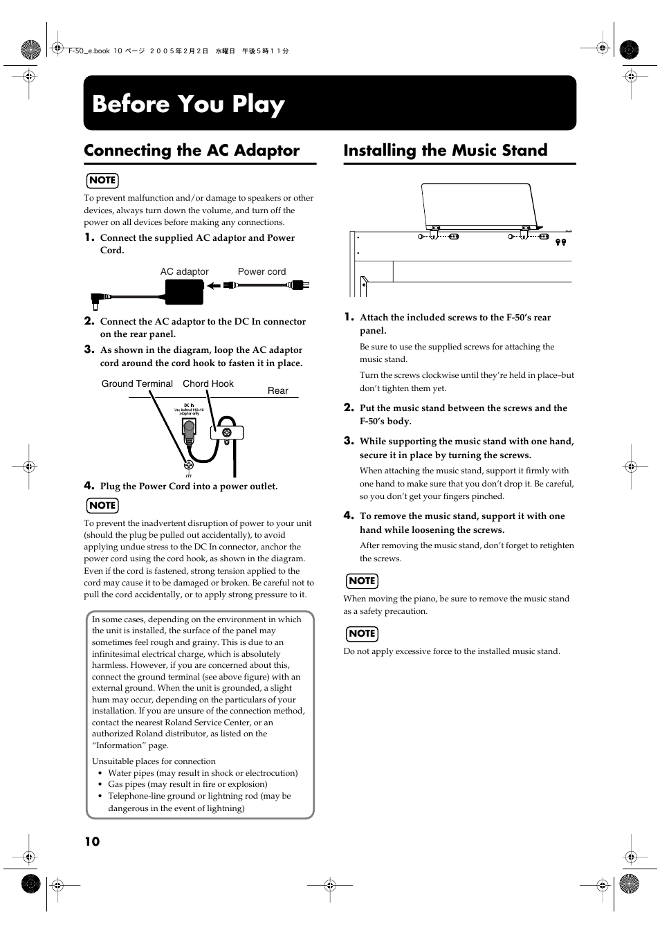 Before you play, Connecting the ac adaptor, Installing the music stand | Roland F-50 User Manual | Page 10 / 36