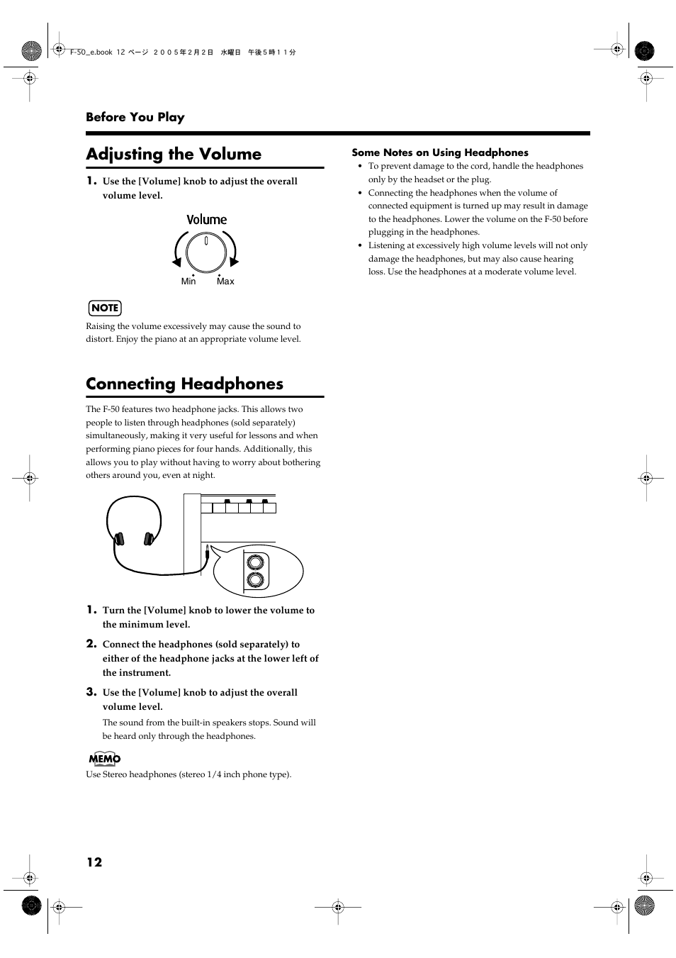 Adjusting the volume, Connecting headphones, Adjusts the volume (p. 12) | Roland F-50 User Manual | Page 12 / 36