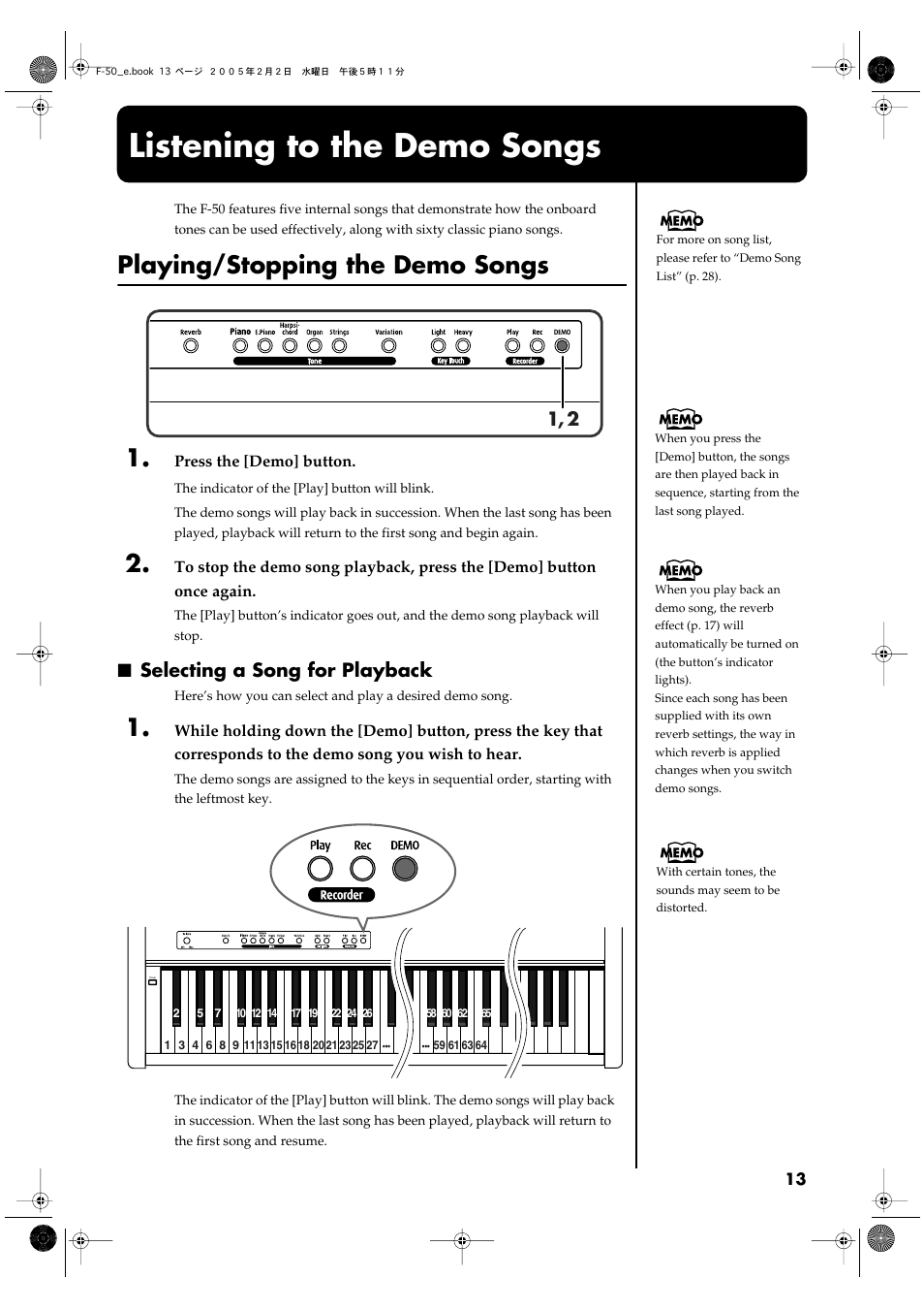 Listening to the demo songs, Playing/stopping the demo songs, Selecting a song for playback | This plays the demo songs (p. 13, p. 14) | Roland F-50 User Manual | Page 13 / 36