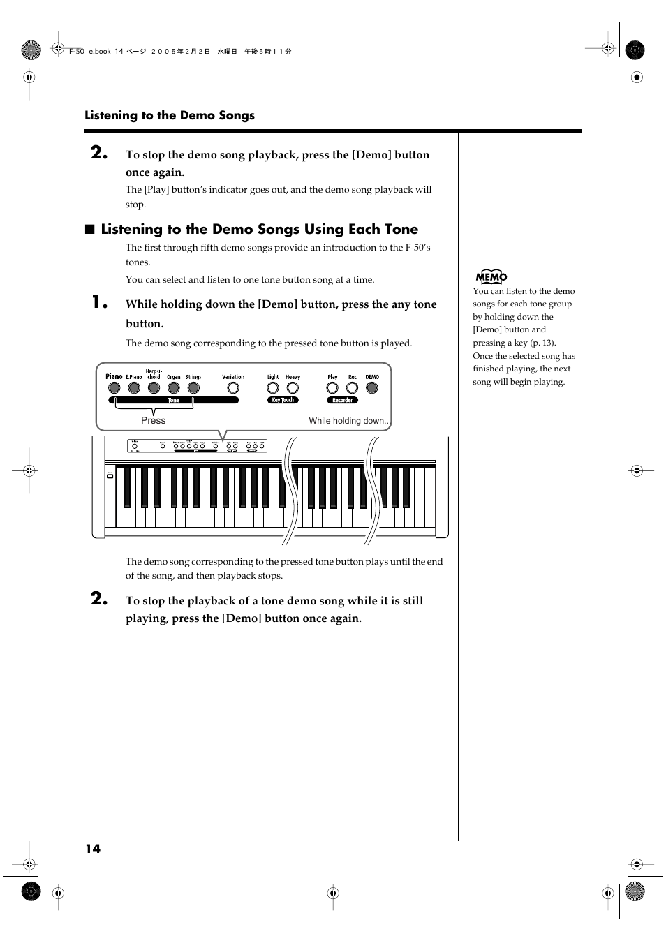 Listening to the demo songs using each tone | Roland F-50 User Manual | Page 14 / 36