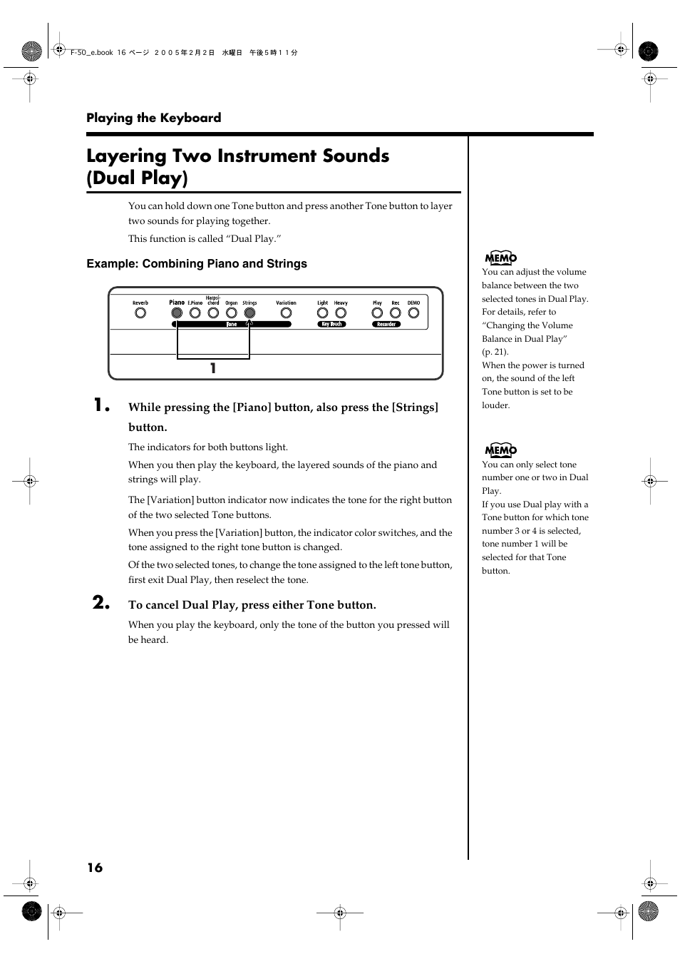 Layering two instrument sounds (dual play) | Roland F-50 User Manual | Page 16 / 36