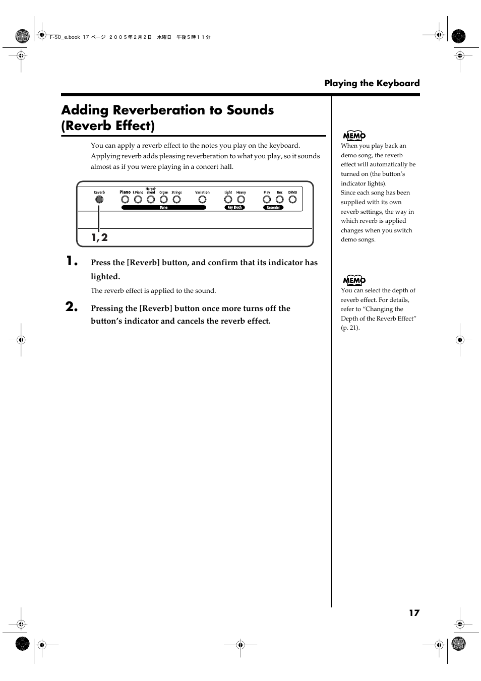 Adding reverberation to sounds (reverb effect), Used to add reverberation to the sound (p. 17) | Roland F-50 User Manual | Page 17 / 36