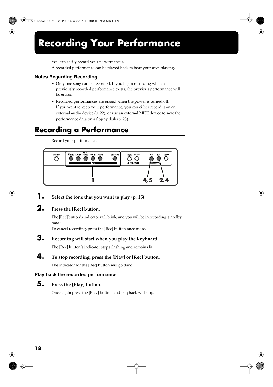 Recording your performance, Recording a performance, Starts playback of recorded performance (p. 18) | Records your performance (p. 18) | Roland F-50 User Manual | Page 18 / 36