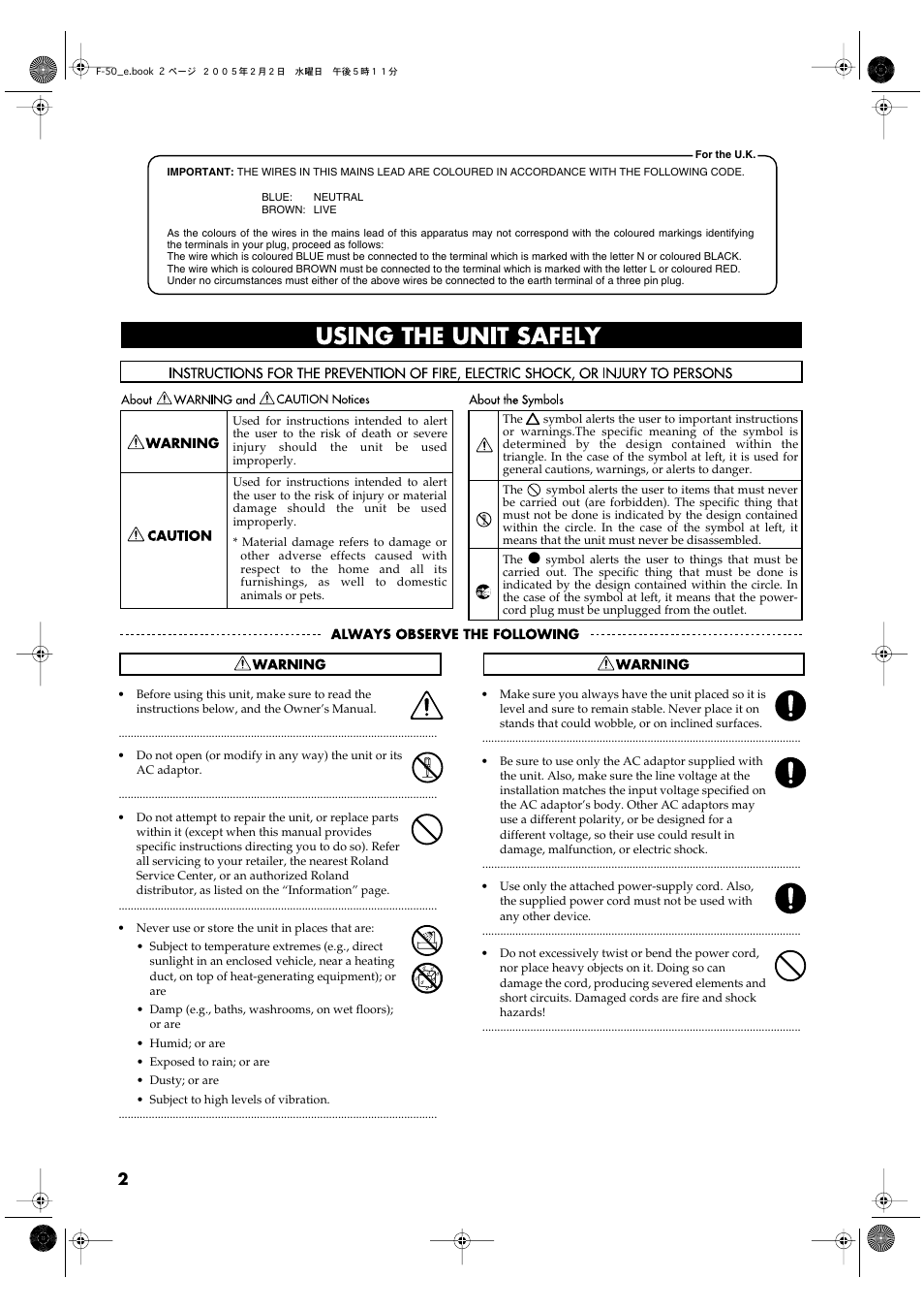 Using the unit safely | Roland F-50 User Manual | Page 2 / 36