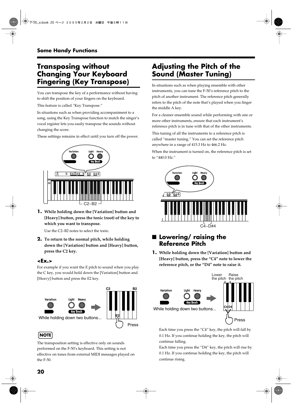 Adjusting the pitch of the sound (master tuning), Lowering/ raising the reference pitch | Roland F-50 User Manual | Page 20 / 36