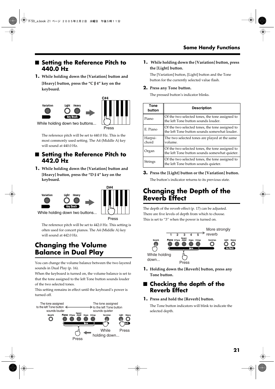 Setting the reference pitch to 440.0 hz, Setting the reference pitch to 442.0 hz, Changing the volume balance in dual play | Changing the depth of the reverb effect, Checking the depth of the reverb effect | Roland F-50 User Manual | Page 21 / 36