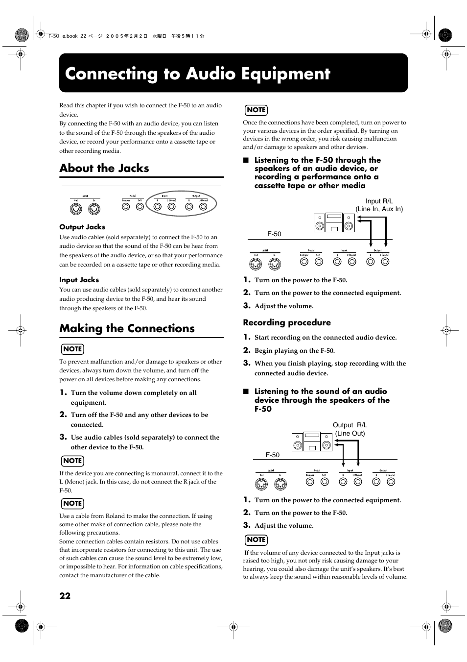 Connecting to audio equipment, About the jacks, Making the connections | Roland F-50 User Manual | Page 22 / 36