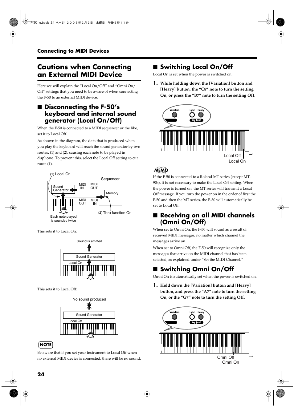 Cautions when connecting an external midi device, Switching local on/off, Receiving on all midi channels (omni on/off) | Switching omni on/off | Roland F-50 User Manual | Page 24 / 36