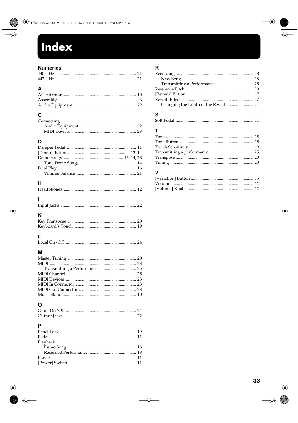 Index | Roland F-50 User Manual | Page 33 / 36