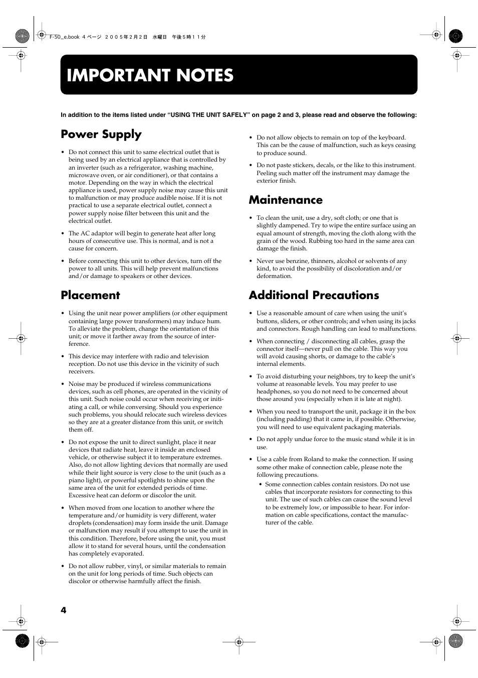 Important notes, Power supply, Placement | Maintenance, Additional precautions | Roland F-50 User Manual | Page 4 / 36