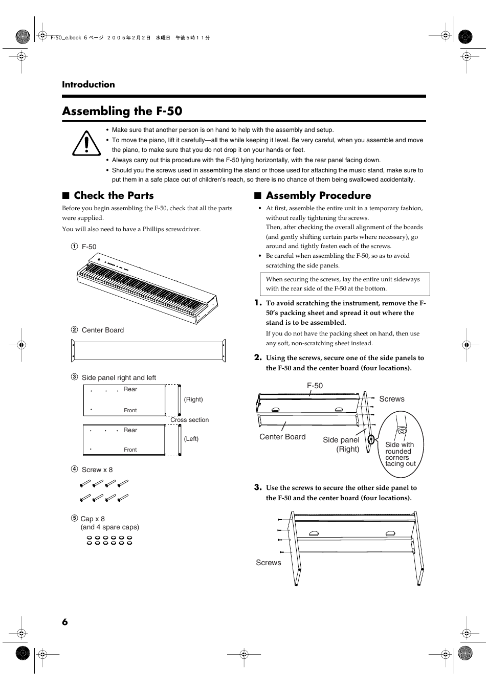 Assembling the f-50, Check the parts, Assembly procedure | Roland F-50 User Manual | Page 6 / 36