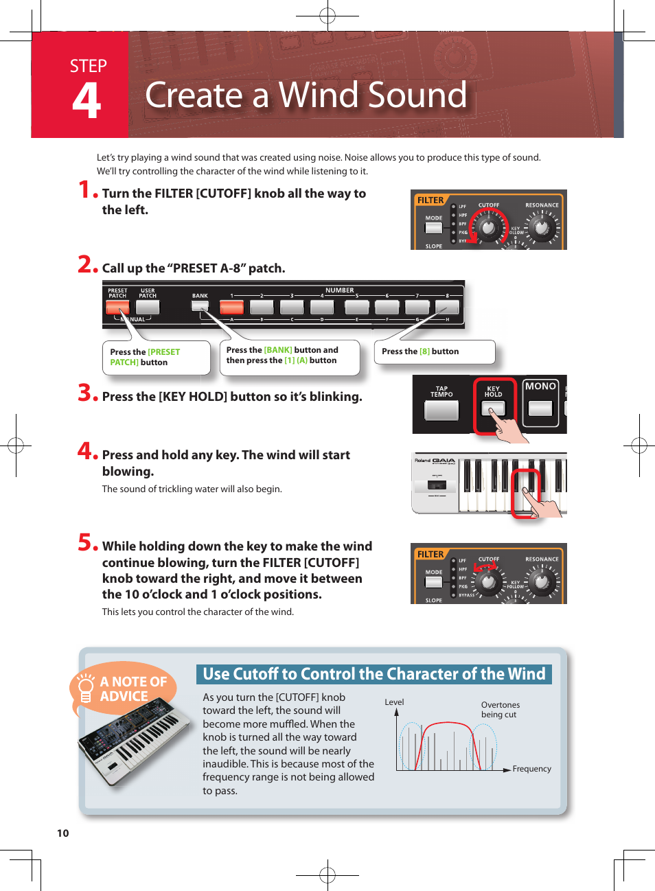 Create a wind sound, Step, Use cutoff to control the character of the wind | Roland GAIA SH-10001973 User Manual | Page 10 / 16