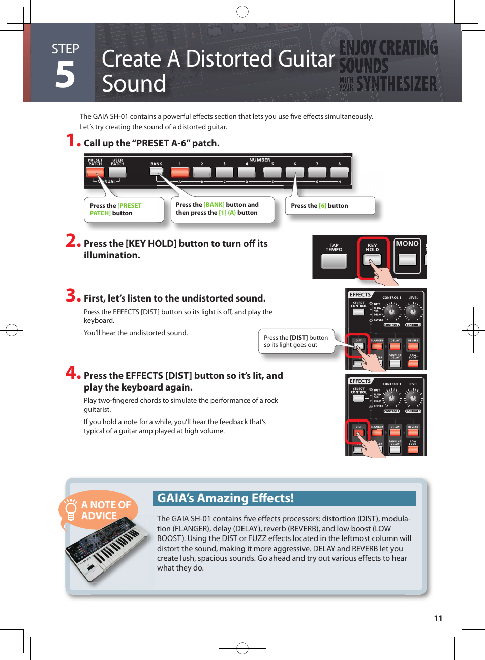 Create a distorted guitar sound, Step, Gaia’s amazing eff ects | Roland GAIA SH-10001973 User Manual | Page 11 / 16