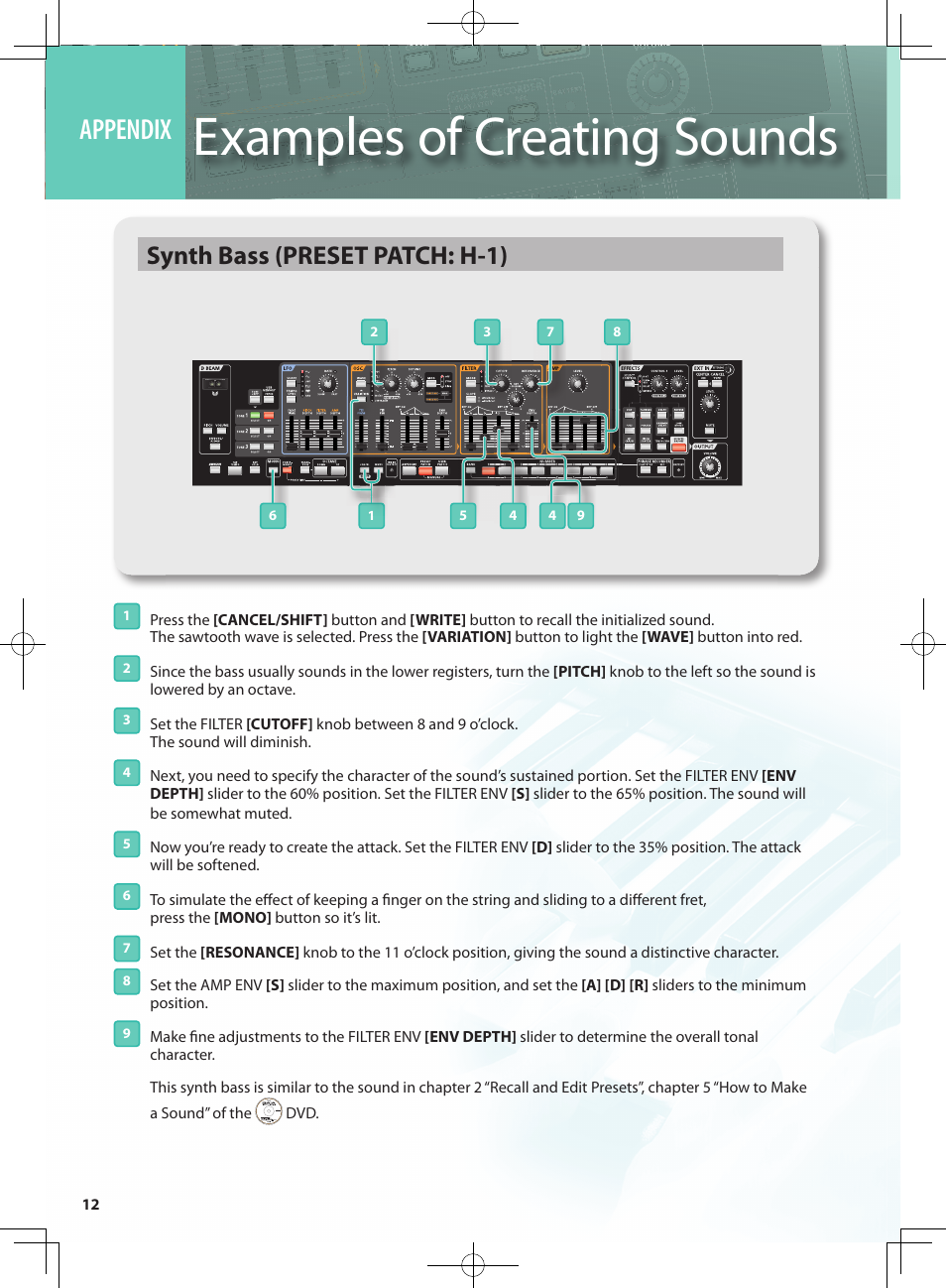 Examples of creating sounds, Appendix, Synth bass (preset patch: h-1) | Roland GAIA SH-10001973 User Manual | Page 12 / 16