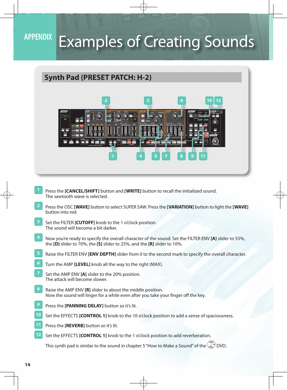 Examples of creating sounds, Appendix, Synth pad (preset patch: h-2) | Roland GAIA SH-10001973 User Manual | Page 14 / 16