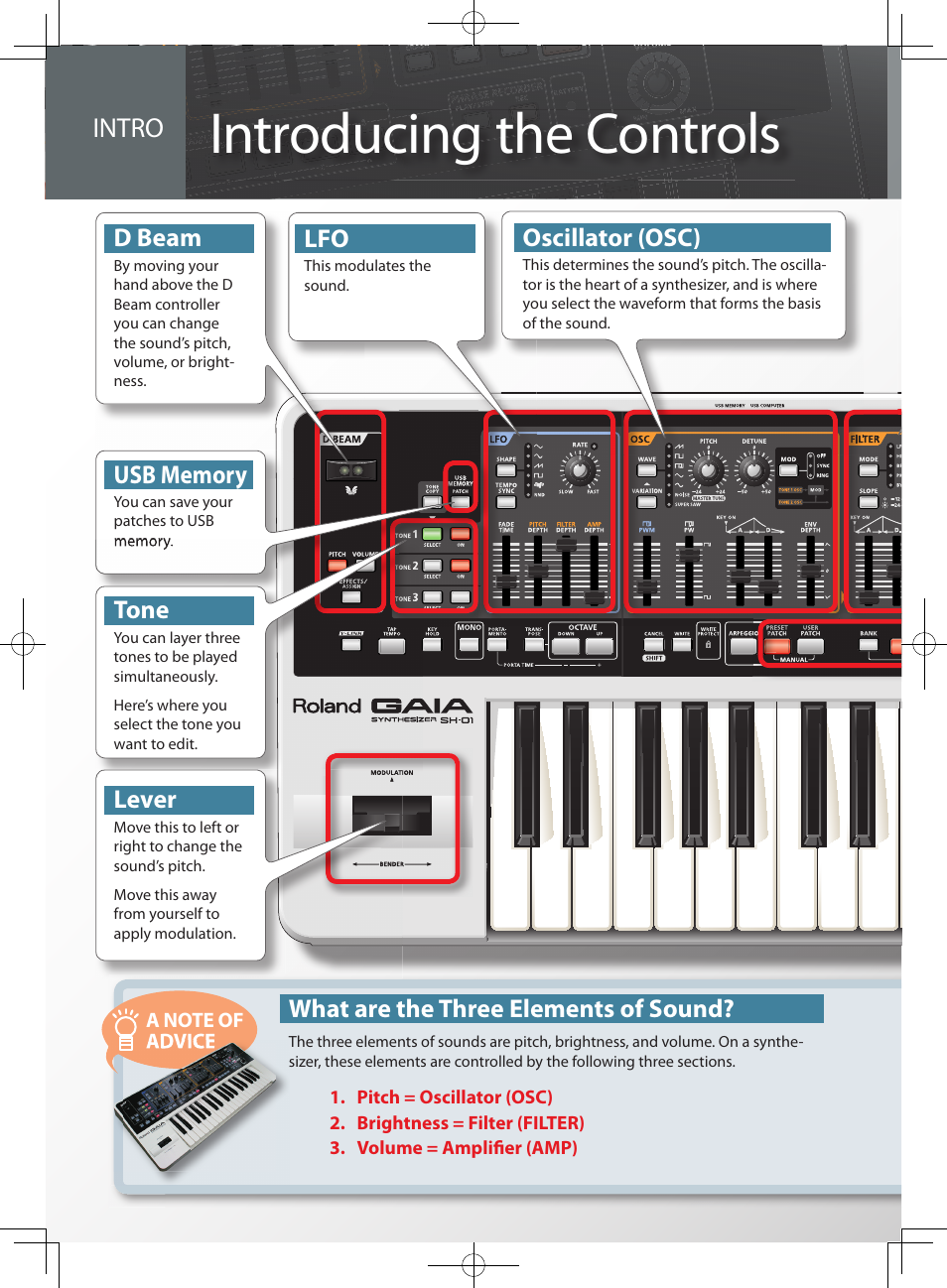 Introducing the controls, Intro, What are the three elements of sound | D beam, Oscillator (osc), Tone, Lever | Roland GAIA SH-10001973 User Manual | Page 2 / 16