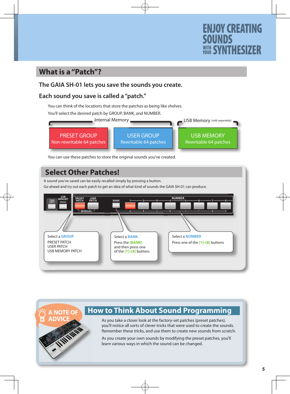 What is a “patch, Select other patches, How to think about sound programming | Preset group, User group | Roland GAIA SH-10001973 User Manual | Page 5 / 16
