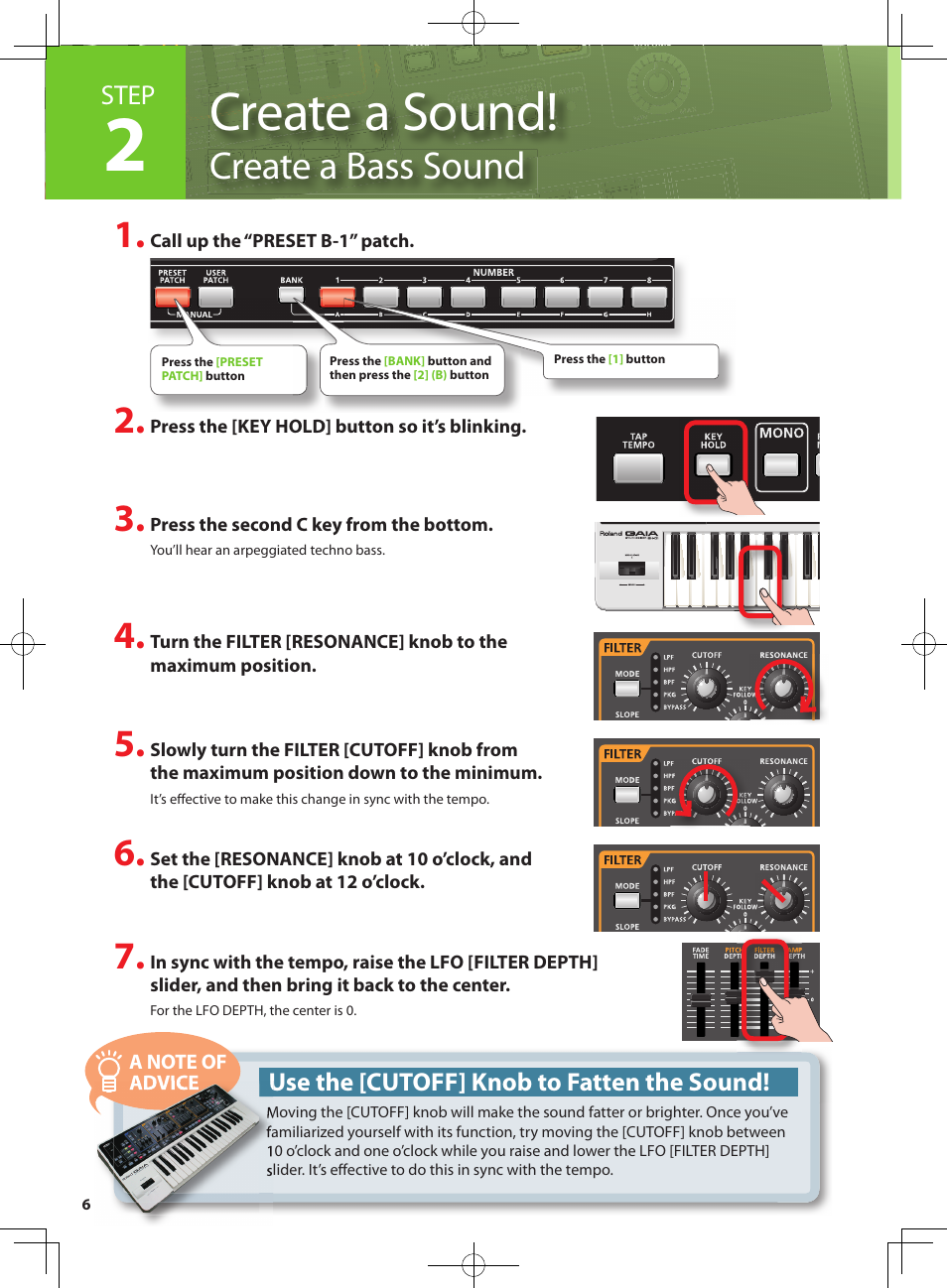 Create a sound, Create a bass sound, Step | Roland GAIA SH-10001973 User Manual | Page 6 / 16