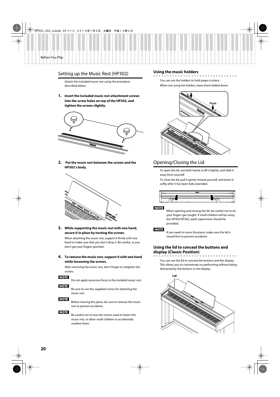 Setting up the music rest (hp302), Opening/closing the lid | Roland HP305 User Manual | Page 18 / 92