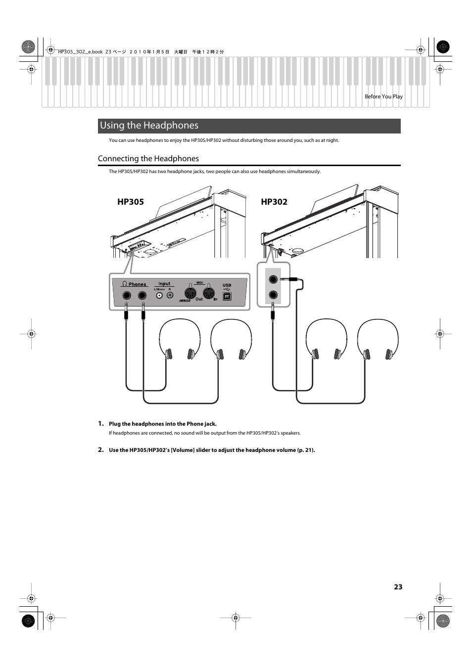 Using the headphones, Connecting the headphones, Here you can connect headphones (p. 23) | Roland HP305 User Manual | Page 21 / 92