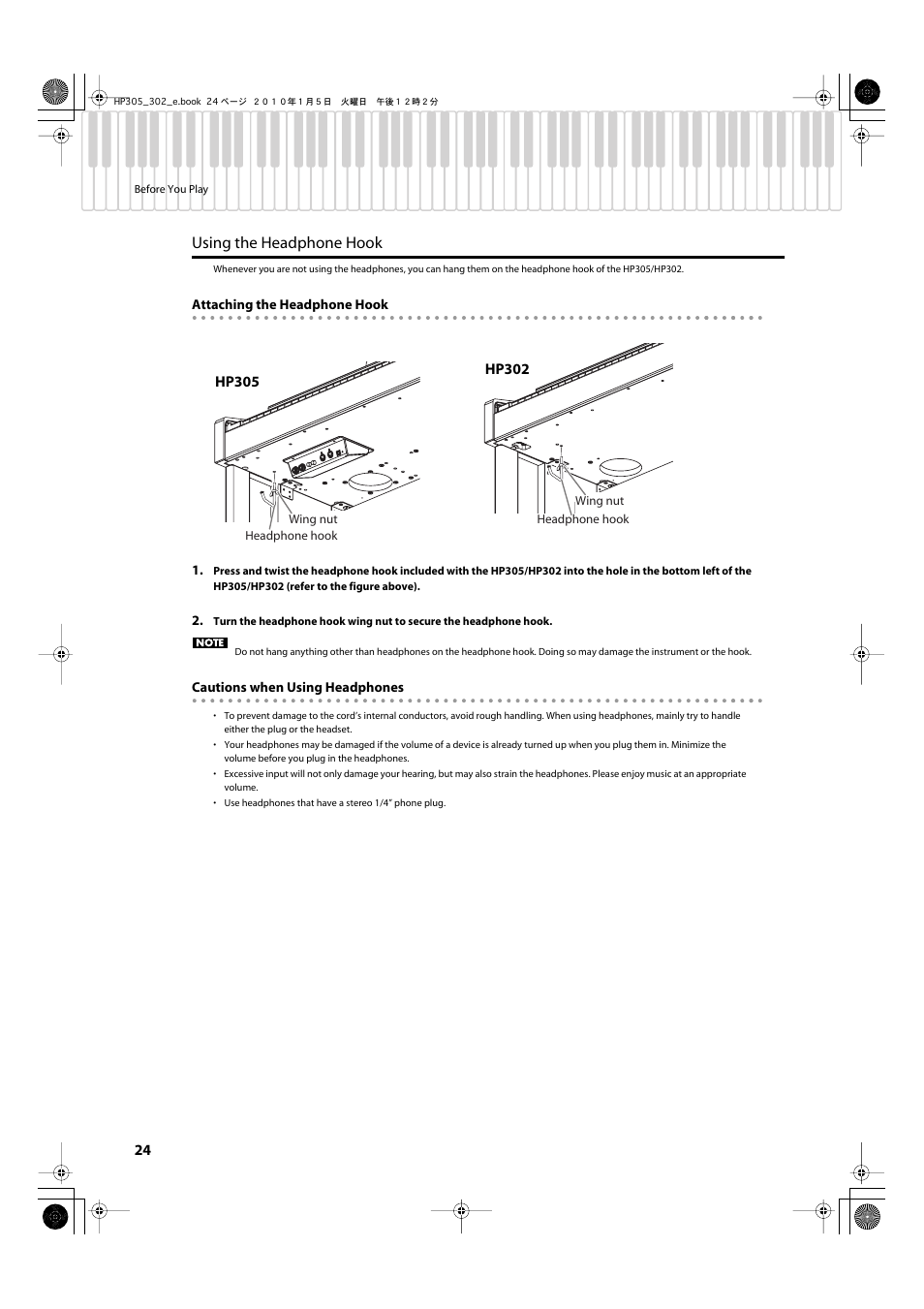 Using the headphone hook | Roland HP305 User Manual | Page 22 / 92