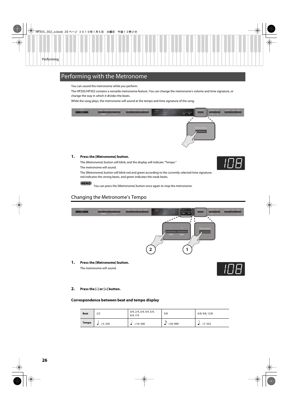 Performing with the metronome, Changing the metronome’s tempo, Tempo or time signature (p. 26) | Turns the internal metronome on/off (p. 26) | Roland HP305 User Manual | Page 24 / 92