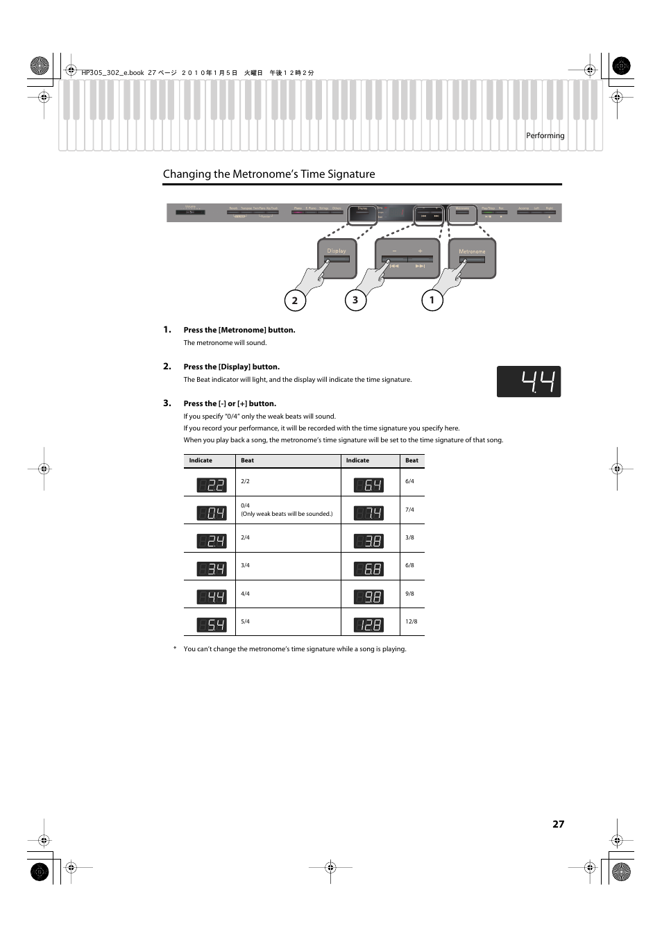 Changing the metronome’s time signature | Roland HP305 User Manual | Page 25 / 92