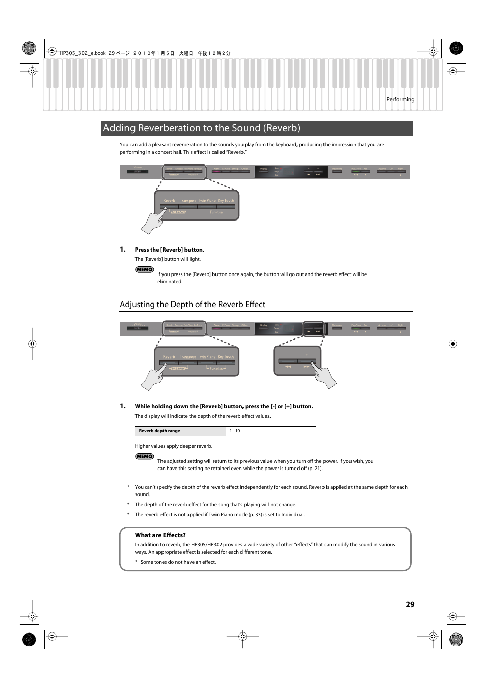 Adding reverberation to the sound (reverb), Adjusting the depth of the reverb effect, When performing in a concert hall (p. 29) | Roland HP305 User Manual | Page 27 / 92