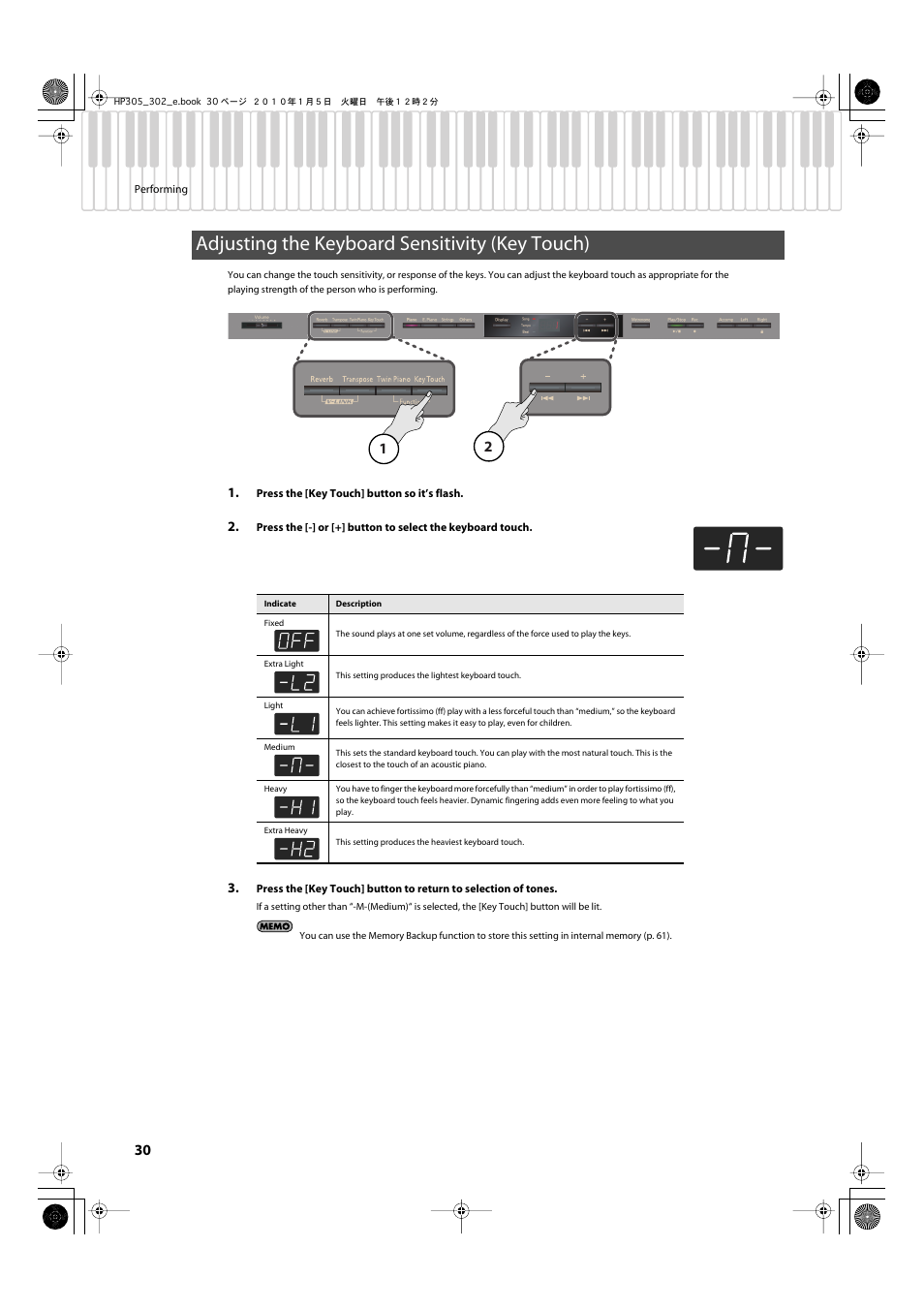 Adjusting the keyboard sensitivity (key touch), Keyboard (p. 30) | Roland HP305 User Manual | Page 28 / 92