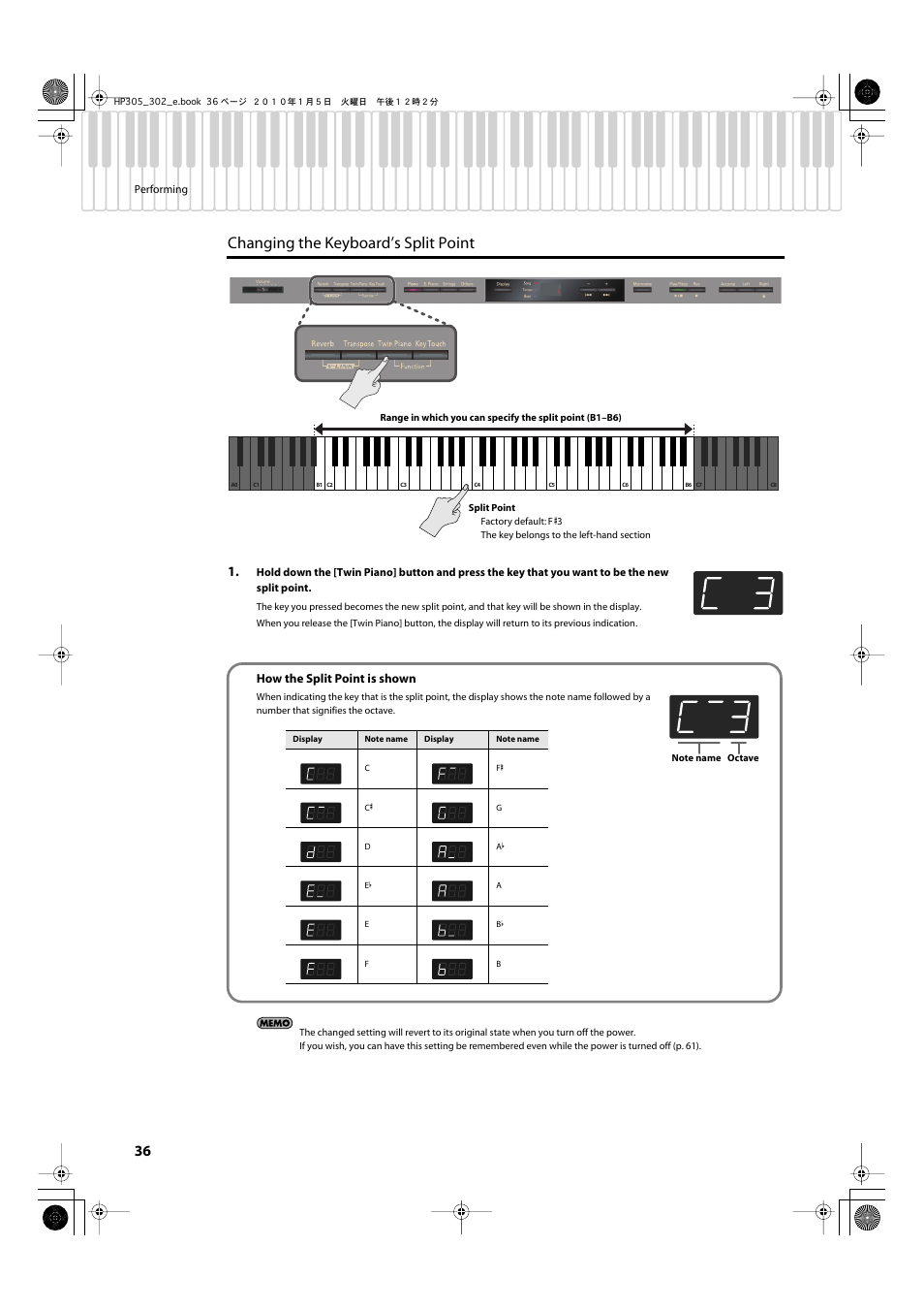 Changing the keyboard’s split point, How the split point is shown | Roland HP305 User Manual | Page 34 / 92