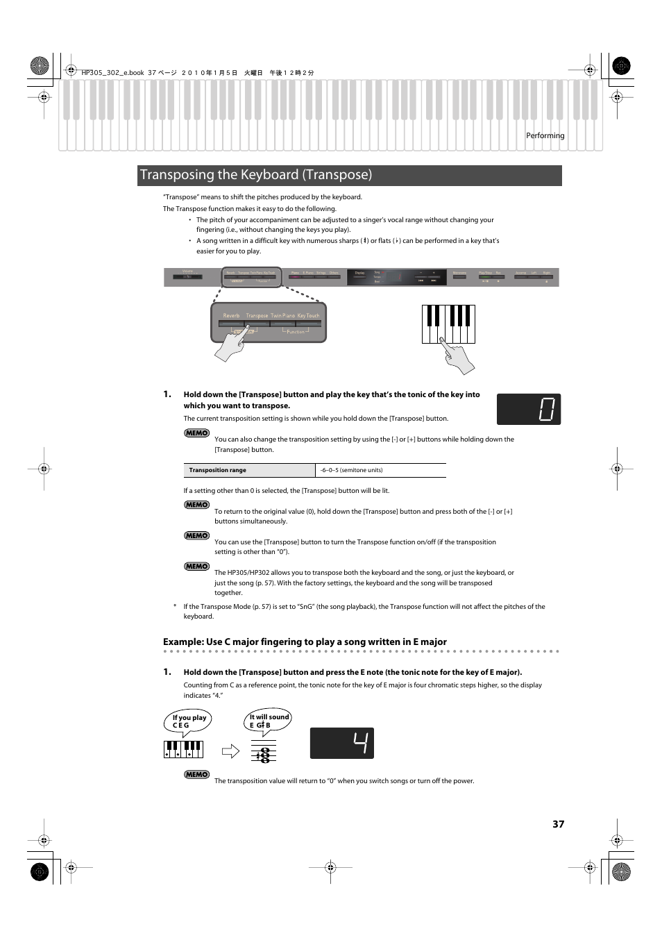 Transposing the keyboard (transpose), Transposing the keyboard (p. 37) | Roland HP305 User Manual | Page 35 / 92