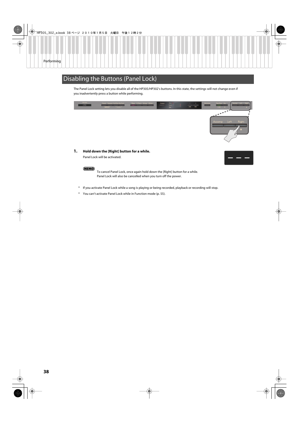 Disabling the buttons (panel lock), Button operations (panel lock) (p. 38) | Roland HP305 User Manual | Page 36 / 92