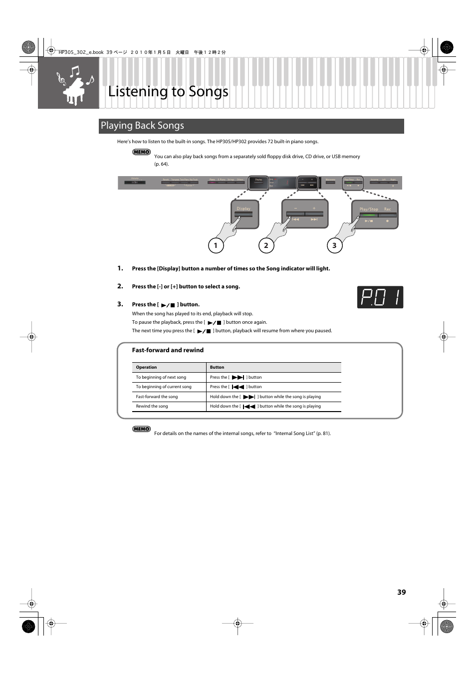 Listening to songs, Playing back songs, Select a song (p. 39) | Fast-forward/rewind a song (p. 39), Recorded performance (p. 39) | Roland HP305 User Manual | Page 37 / 92