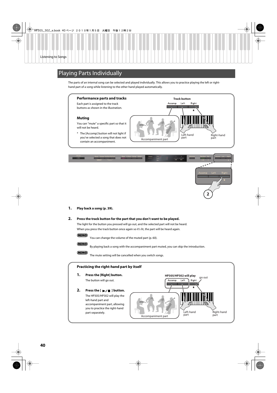 Playing parts individually, Separately for each hand (p. 40) | Roland HP305 User Manual | Page 38 / 92