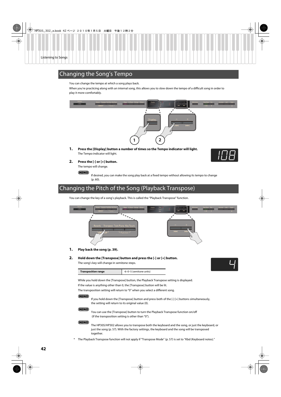 Changing the song’s tempo, Transposing the song playback (p. 42) | Roland HP305 User Manual | Page 40 / 92