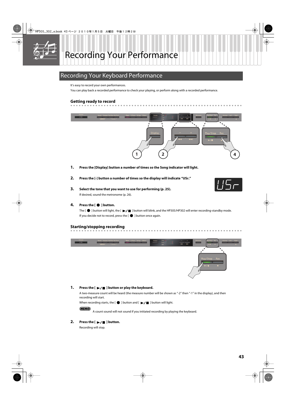 Recording your performance, Recording your keyboard performance, P. 43) | Hp305 (p. 43), Hp302 (p. 43) | Roland HP305 User Manual | Page 41 / 92