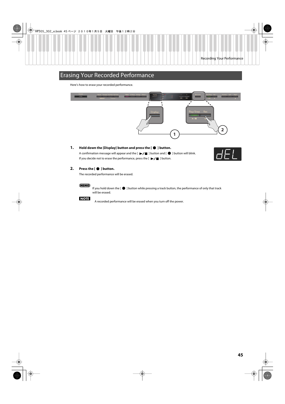 Erasing your recorded performance | Roland HP305 User Manual | Page 43 / 92