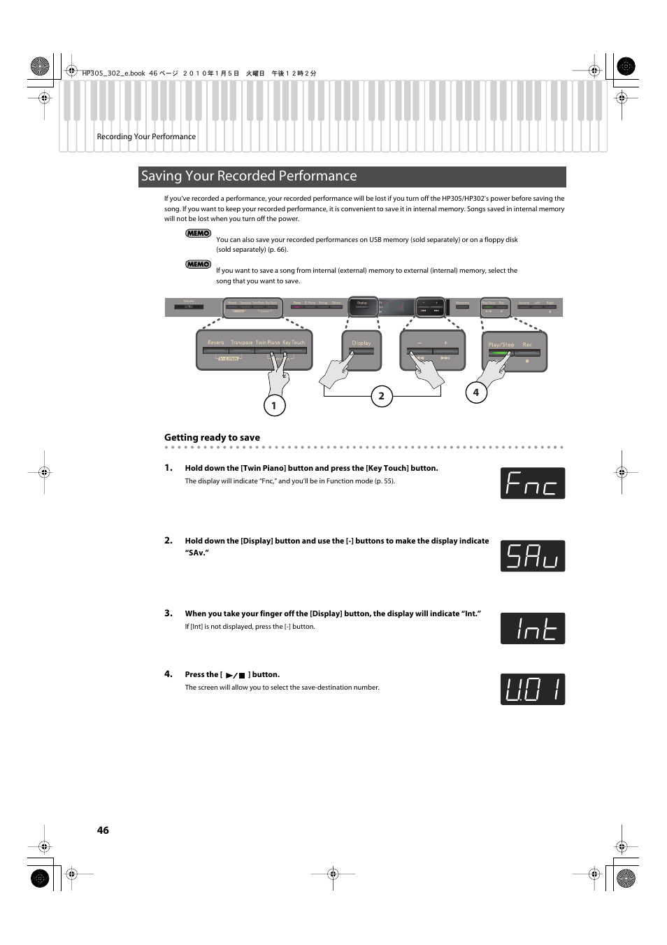 Saving your recorded performance | Roland HP305 User Manual | Page 44 / 92