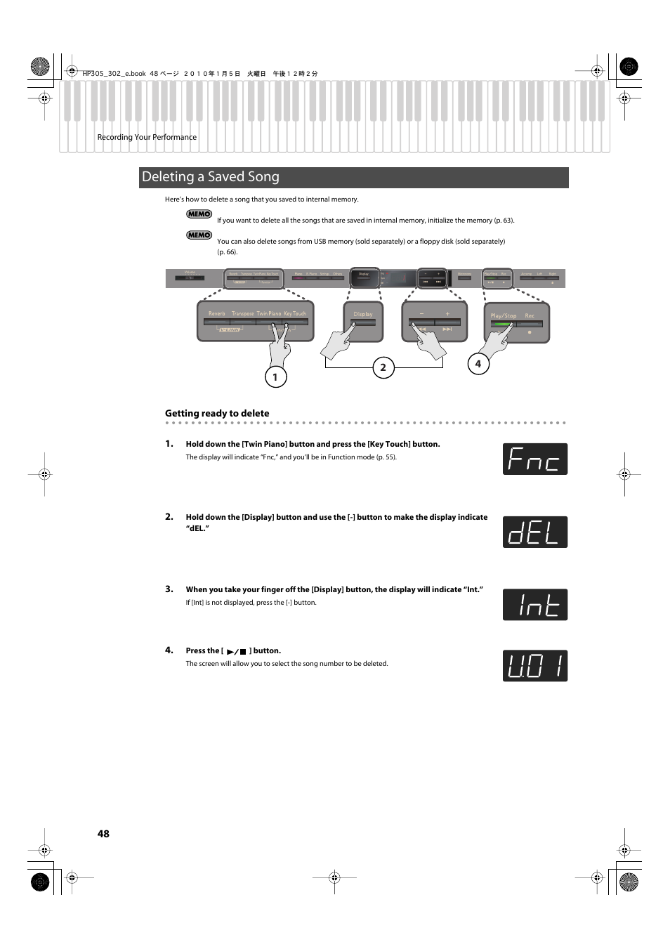 Deleting a saved song | Roland HP305 User Manual | Page 46 / 92