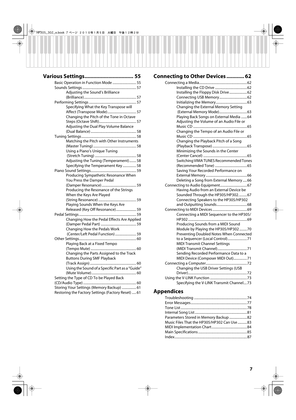 Various settings, Connecting to other devices, Appendices | Roland HP305 User Manual | Page 5 / 92