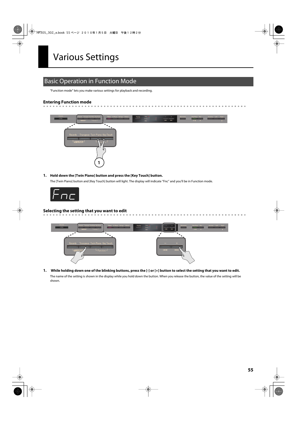 Various settings, Basic operation in function mode, Instrument’s functions (p. 55) | Roland HP305 User Manual | Page 53 / 92